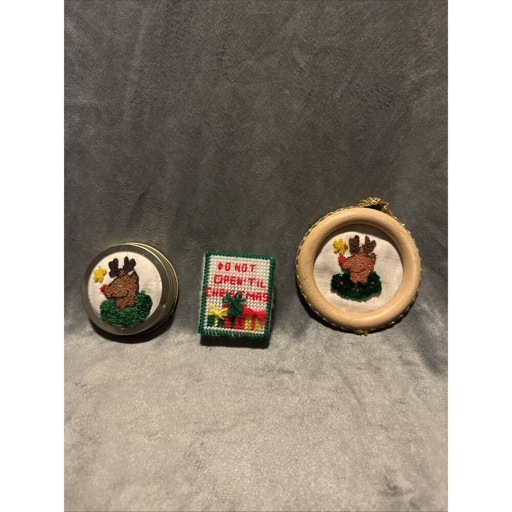 Handmade Punch Needle Embroidery Panel Reindeer Christmas Designs 3 Set 2.5-3"